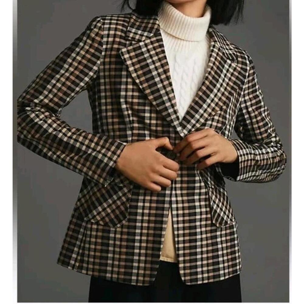 Anthropologie Maeve Plaid Blazer 4 Brown Motif Checkered Plaid Jacket NWT